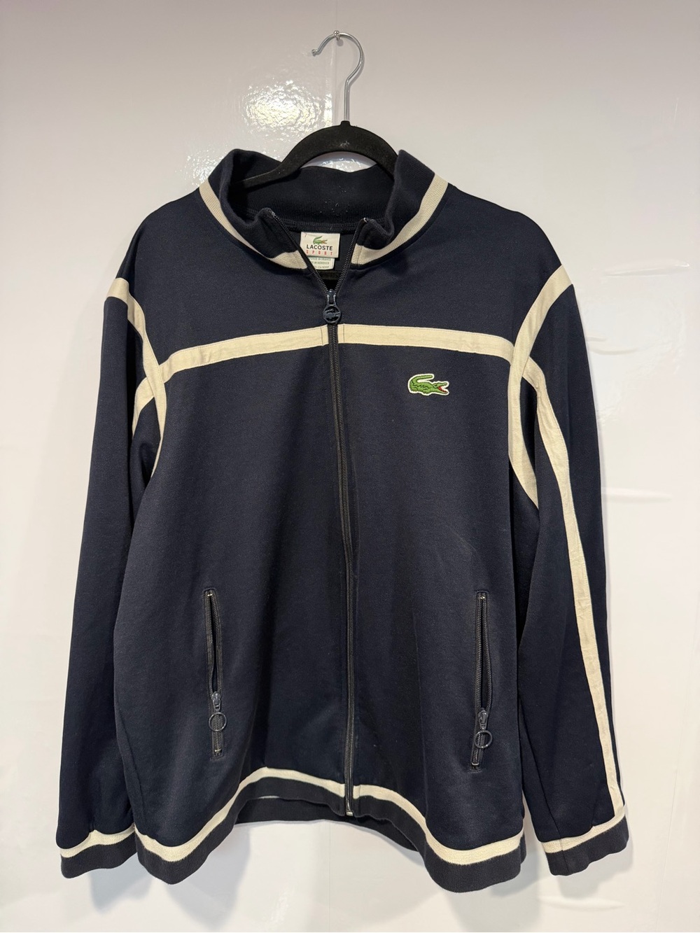 Lacoste Navy Black Zip-Up Track Jacket with‎ Cream Trim